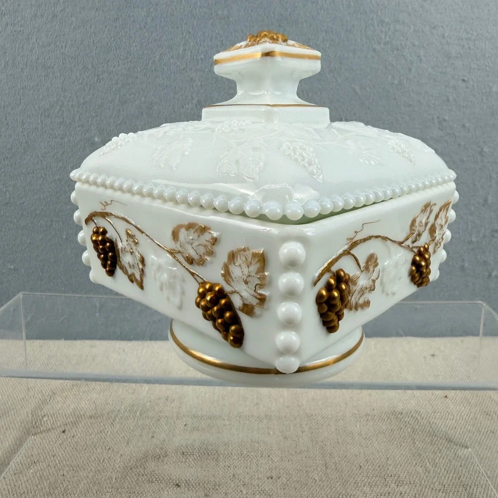 VTG Westmoreland Milk Glass Beaded Grape Square Candy Dish Gold Trim - Picture 1 of 10